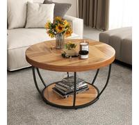 COSTWAY Table Basse Ronde 2 Niveaux, Table Basse Bois 80 cm, Cadre en Métal, Design Ronde Bois, Plateau Épaissi, Industriel (Naturel)
