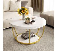 COSTWAY Table Basse Ronde 2 Niveaux, Table Basse Effect Marbre 80 cm, Cadre en Métal Doré, Design Ronde, Plateau Épaissi, Moderne (Blanc)
