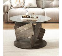 COSTWAY Table Basse Ronde en Verre, 81x 81 cm, Base en Caoutchouc, Style Rustique, Table de Salon pour Petit Espace, Bureau