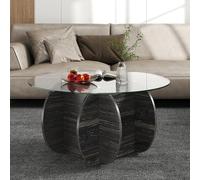 COSTWAY Table Basse Ronde en Verre, 89 x 89 cm, Table Basse Verre Bois, Base en Bois Massif, Compartiment Caché, pour Salon, Chambre, Charge 100 kg