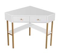 COSTWAY Table Bureau d'angle avec 2 Tiroirs Table Imformatique pour Ordinateur avec Etagère de Rangement Noir/Doré/Blanc (Blanc), pour Travail, Moderne