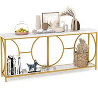 COSTWAY Table console à 2 étages avec plateau en faux marbre, table console étroite de 180 cm pour l'entrée, structure métallique robuste