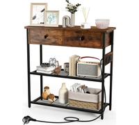 COSTWAY Table console avec station de recharge, prises de courant & ports USB, table d'appoint avec 2 tiroirs & 2 étagères en grille métallique