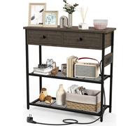 COSTWAY Table console avec station de recharge, table d'appoint vintage avec 2 tiroirs & 2 étagères en grille métallique, avec prises électriques & ports USB & TypeC (gris)