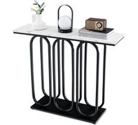 COSTWAY Table console de 100 cm de long, table d'entrée en marbre artificiel avec repose-pieds réglables, cadre métallique et kits anti-basculement, table d'appoint étroite pour le salon, blanc et noi