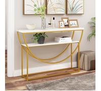 COSTWAY Table Console Effet Marbre à 2 Niveaux - Cadre Métallique Or de Style Scandinave Moderne 120 x 30 x 80,5 cm (L x l x H)