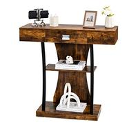 COSTWAY Table Console Industrielle 3 Étagères avec Tiroir, Console d'Entrée avec Dispositif Anti-Renversement pour Salon, Couloir, Entrée, Marron Rustique, 91 x 30 x 88cm