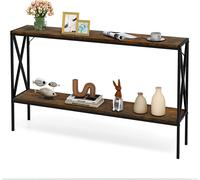 COSTWAY Table console industrielle, table basse étroite à 2 étages avec plateau ouvert & cadre métallique 120 cm de long table d'entrée marron rustique