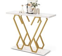 COSTWAY Table console, table d'entrée aspect marbre, table basse étroite avec cadre métallique en forme de papillon, table d'appoint or + blanc, 100 x 30 x 79 cm, pour le salon, le bureau & l'entrée