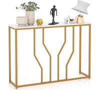 COSTWAY Table console, table d'entrée étroite aspect marbre, table basse avec cadre métallique géométrique, table d'appoint or + blanc, 110 x 30 x 80 cm, pour salon, couloir, entrée
