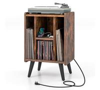 COSTWAY Table d’Appoint avec Station de Charge,2 Prises,1 USB Charge Rapide,1 Type-C,Pieds en Métal,Bout de Canapé, Armoire Meuble Tourne-Disque Vinyle avec Prise pour Salon Chambre (Marron Rustique)
