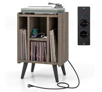 COSTWAY Table d’Appoint avec Station de Charge,2 Prises,1 USB Charge Rapide,1 Type-C,Pieds en Métal,Bout de Canapé, Armoire Meuble Tourne-Disque Vinyle avec Prise pour Salon Chambre (Gris chêne)