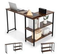 COSTWAY Table d’Appoint, Bureau d’Angle Mobile avec 3 Étagères, Bout de Canapé Convertible pour Salon, Chambre, Montage Facile, Bureau avec Rangement, Marron Rustqiue(L)