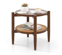 COSTWAY Table d’Appoint Ronde en Bois, Bout de Canape avec Plateau en Verre Trempé, Design Cannage en Rotin PE, Petite Table Basse Salon, 56 x 56 x 46 cm