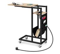 COSTWAY Table d’Appoint Roulante en Forme de ‘C’ avec Station de Charge, avec Plateau Rétractable, Poche de Rangement, Naturel