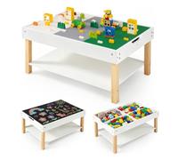 COSTWAY Table d'Activité Enfant Montessori avec Plateau Double Face, Blanc | Tableau Noir & Base de Blocs, Compartiments Cachés, Étagère Ouverte, Pieds en Bois, Bureau Enfant Sensoriel pour 3 Ans+