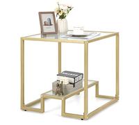 COSTWAY Table d'Appoint à 2 Étagères en Verre, Bout de Canapé Doré 56x56CM avec Repose-Pieds Réglables, Style Moderne, Petite Table Basse pour Salon, Chambre, Bureau