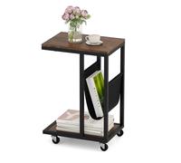 COSTWAY Table d'Appoint à roulettes en Forme de C, Bout de Canapé Industriel 3 Niveaux, Poche, Cadre en Métal, 40 x 28 x 59 CM