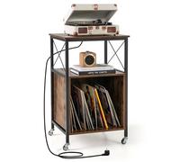 COSTWAY Table d'Appoint avec Prise, Bout de Canape à Roulette, Meuble Tourne-Disque Vinyle, 2 Prises, 1 USB, 1 Type-C, Séparateurs Amovibles, Support Tourne-Disque Industriel, Meuble Vinyle