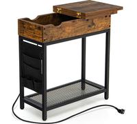 COSTWAY Table d'appoint avec prises électriques et ports USB, table basse étroite avec plateau rabattable, sac en tissu et étagère grillagée, table de chevet pour salon, chambre à coucher, marron rust