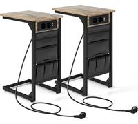 COSTWAY Table d'appoint avec station de recharge & prises USB, set de 2 tables de salon en forme de C, table de chevet avec poche latérale, 40 x 30 x 60 cm, vintage