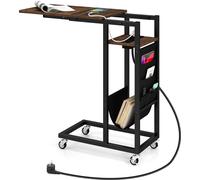 COSTWAY Table d'appoint en forme de C avec station de recharge, table de nuit à roulettes avec plateau extensible Poche latérale & roulettes verrouillables Marron