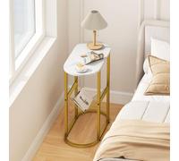 COSTWAY Table d'Appoint Étroite 2 Niveaux, Porte-revues en Maille Fer, Effet Marbre, Petite Table de Chevet Ovale Métallique pour Petits Espaces, Salon, Chambre (Blanc)