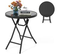 COSTWAY Table d'appoint pliante, Table de jardin pliante résistante aux intempéries, Table de balcon ronde avec plateau de table en verre trempé 46x46x48cm Noir