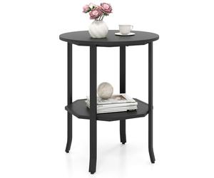 COSTWAY Table d'Appoint Ronde à 2 Niveaux, Bout de Canapé avec Étagère, Grain de Bois, Table d'Appoint avec Cadre en Métal Robuste, Design Industriel pour Salon, Chambre, Entrée (Noir)