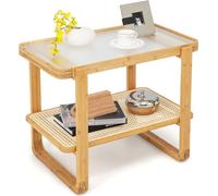 COSTWAY Table d'appoint, Table basse avec plateau en verre amovible et support en rotin, Table basse avec structure en bambou, Table de chevet 70,5 x 44,5 x 54,5 cm