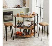 COSTWAY Table de Bar 3 Niveaux, Bar d'angle avec 2 Supports à Verres à Pied, Mini Table Cuisine 4 Personnes, Barrières, Cadre en Métal, Étagère Cuisne pour Bouteille (Marron Rustique)