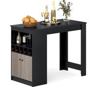 COSTWAY Table de bar, comptoir de cuisine avec étagères à vin, compartiments & 2 porte, 2 personnes Hausbar, table de comptoir de cuisine en bois, comptoir de bar 120x60x91,5cm, noir