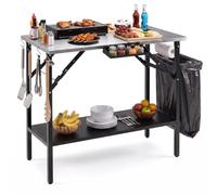 COSTWAY Table de Camping Pliante Étagère Amovible Pique-Nique (1 Étagère) | Table de Cuisson Plateaux Inox 91x51cm, Porte-Épices, Support Poubelle, Porte-Serviettes, Crochets, Décapsuleur, Charge 90kg