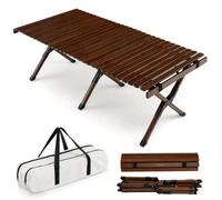 Costway Table De Camping Pliante Portable En Bambou Plateau Enroulable À Latte Sac De Transport Charge 50kg 122 X 60 Cm Café Multicolore