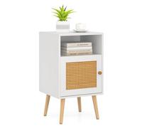 COSTWAY Table de Chevet avec Porte Cannage et Pieds en Bois Massif, Chevet de Lit Bohême, Fermeture Silencieuse, Table d'Appoint ave pour Salon, Chambre, 40 x 40 x 70 cm, Blanc