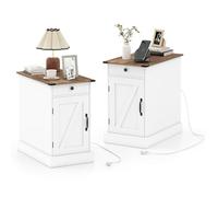 COSTWAY Table de Chevet avec Prise Lot de 2, Table de Nuit Connectée avec Tiroir, Placard à Étagere Réglable, Plateau Tasse Amovible, 2 Prises, 2 Ports de Charge, Compartiment Caché (2,Blanc Rustique)
