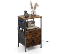 COSTWAY Table de Chevet avec Prise, Table d'Appoint avec Station de Charge, 2 Tiroirs Pliables, 6 Poches Latérales, Chevet de Lit pour Chambre, Salon, Marron Rustique (1, Marron Rustique)