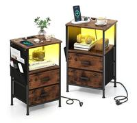 COSTWAY Table de Chevet avec Prise, Table d'Appoint LED, 2 Tiroirs Pliables, 6 Poches Latérales, Chevet de Lit Lumineuse pour Chambre, Salon(2,Marron Rustique LED)