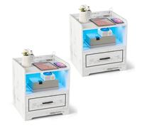 COSTWAY Table de Chevet avec Prise, Table de Chevet Intelligente avec Tiroir, LED 3 Couleurs Réglables, Port Type-C & USB, Grand Compartiment, 45 x 40 x 50 cm (2, Blanc)