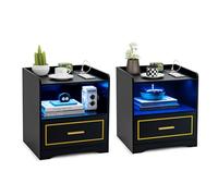 COSTWAY Table de Chevet avec Prise, Table de Chevet Intelligente avec Tiroir, LED 3 Couleurs Réglables, Port Type-C & USB, Grand Compartiment, 45 x 40 x 50 cm(2, Noir)