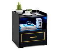 COSTWAY Table de Chevet avec Prise, Table de Chevet Intelligente avec Tiroir, LED 3 Couleurs Réglables, Port Type-C & USB, Grand Compartiment, 45 x 40 x 50 cm(1, Noir)