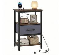 COSTWAY Table de Chevet avec Prise, Table de Nuit Connectée avec Tiroir en Tissu, Étagères Ouvertes, Cadre Métallique, pour Chambre, Salon, Petits Espaces (1,Marron Rustique)