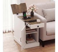 COSTWAY Table de Chevet avec Prise, Table de Nuit Connectée avec Tiroir, Placard à Étagere Réglable, Plateau Tasse Amovible, 2 Prises, 2 Ports de Charge, Compartiment Caché (1,Blanc Rustique)