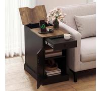 COSTWAY Table de Chevet avec Prise, Table de Nuit Connectée avec Tiroir, Placard à Étagere Réglable, Plateau Tasse Amovible, 2 Prises, 2 Ports de Charge, Compartiment Caché (1,Noir Rustique)