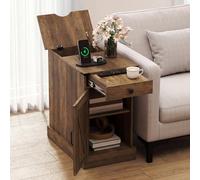 COSTWAY Table de Chevet avec Prise, Table de Nuit Connectée avec Tiroir, Placard à Étagere Réglable, Plateau Tasse Amovible, 2 Prises, 2 Ports de Charge, Compartiment Caché (1,Marron Rustique)