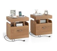 COSTWAY Table de Chevet avec Station de Charge, Table de Nuit avec Tiroi, Étagères Ouvertes, pour Salon, Chambre, Bureau (2,Naturel)