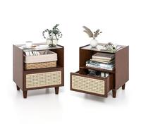 COSTWAY Table de Chevet avec Tiroir, Table d'Appoint en Bambou avec Plateau en Verre, Design Cannage, Grand Compartiement, Pieds en Bois Massif, Table de Nuit Bohême, 43 x 35 x 50 cm (2, Noyer)