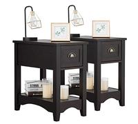 COSTWAY Table de Chevet avec Tiroir, Table d'Appoint Pieds en Bois d'Hévéa, Bout de Canapé Rétro pour Chambre, Salon, 56 x 33 x 58,5 cm (Noyer, Lot de 2)