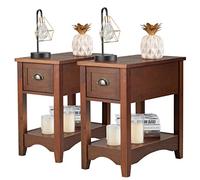 COSTWAY Table de Chevet avec Tiroir, Table d'Appoint Pieds en Bois d'Hévéa, Bout de Canapé Rétro pour Chambre, Salon, 56 x 33 x 58,5 cm (Brun rougeâtre, Lot de 2)