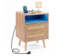 COSTWAY Table de Chevet Bois en Rotin avec Prise, Table de Nuit LED avec 2 Tiroirs, Compartiment Ouvert, Station de Charge Intégrée, Style Bohème pour Chambre Salon (1)
